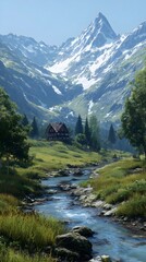 Scenic Mountain Valley – Snow-Capped Peaks, Green Meadows, and Serene Riverside Cabin