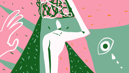 Inventive human troubles and hand affects him, one line art eye crying, illustration with expressionism. Weird sorrow simple paper, clear color. Modern expressionism for promo, ads and poster