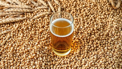 A glass of beer surrounded by wheat grains and stalks on a textured beige background close up shot | national 