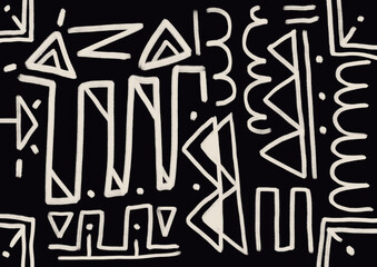 Aesthetic African art pattern squiggle in black background, art product with abstract art. Textile look paint, no color. Abstract art for website, print and ads