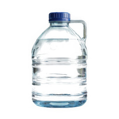 A clear plastic water jug with a blue lid and handle against white background