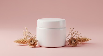 Elegant Presentation of Cosmetic Jar with Delicate Dried Flowers on Pink Backdrop