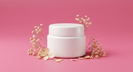 Elegant white cosmetic jar mockup with dried flowers adorning a pink background