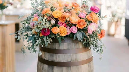 Vibrant Orange and Pink Flower Arrangement in Wooden Barrel