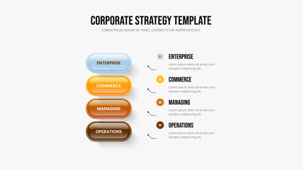 Business Analysis Four Element Diagram Slide Design. Professional Introduction Slideshow Layout Vector Illustration. Financial Development 4 Step Infographic Frame Template.