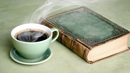 Steaming Coffee Cup Beside Antique Book Vintage