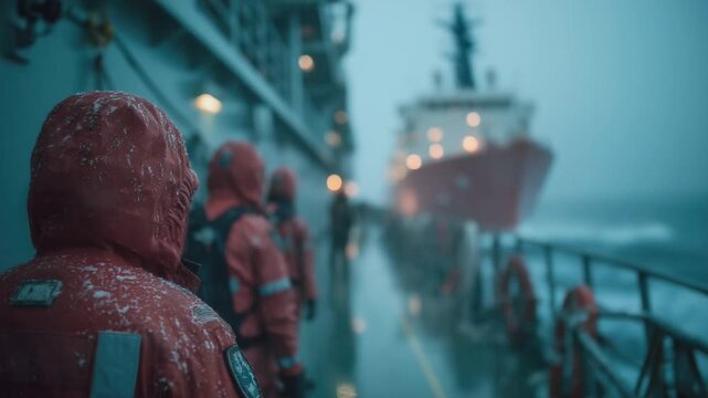 Arctic Expedition Crew: A team of researchers braving harsh arctic conditions aboard a research vessel, their red parkas dusted with snow, gaze towards another ship in the distance.