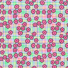 Pink Posies on Plaid Seamless Repeat