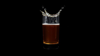 A glass of beer with a splash on a black background in a studio setting with bright lighting | national 