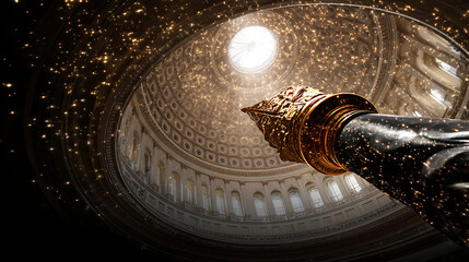 Gilded fountain pen casting long dramatic shadow on Equality Act document with star-spangled light patterns through Capitol rotunda dome, empty chairs symbolizing political debate.