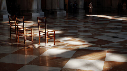 Gilded fountain pen casting long dramatic shadow on Equality Act document with star-spangled light patterns through Capitol rotunda dome, empty chairs symbolizing political debate.