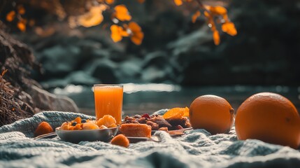 Scenic Outdoor Picnic with Orange Juice, Fruit Salad, and Pastries