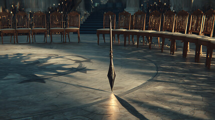 Gilded fountain pen casting long dramatic shadow on Equality Act document with star-spangled light patterns through Capitol rotunda dome, empty chairs symbolizing political debate.