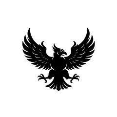Majestic black eagle emblem, wings outstretched, powerful stance, symbolic design.