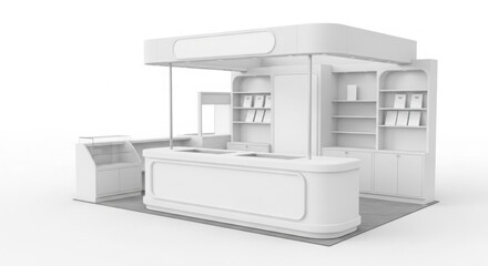 Fototapeta premium 3D model of a white exhibition stand, showcasing display elements and counter.