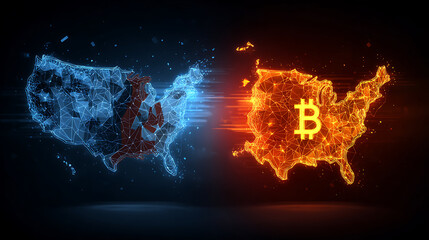 Clashing digital data streams between China and US maps with firewalls and Bitcoin symbols in dark blue cyberpunk style, representing global cyber conflict and cryptocurrency chaos.