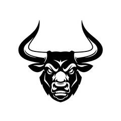 Black and white graphic illustration of a bull's head, fierce expression.