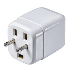 White universal travel adapter with three prong plug and multiple socket types isolated on transparent background