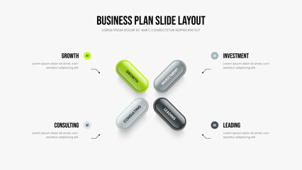 Investor Planning 4 Step Infographic Presentation Layout. Enterprise Performance Slide Design Vector Illustration. Consulting Overview Four Option Diagram Frame Template.