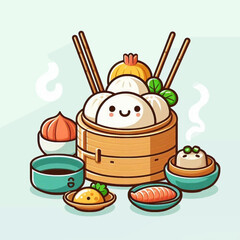 Cartoon dim sum steamer with smiley dumplings chopsticks and various small dishes arranged on a light background