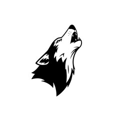 A black and white illustration of a wolf howling upwards with its head raised.