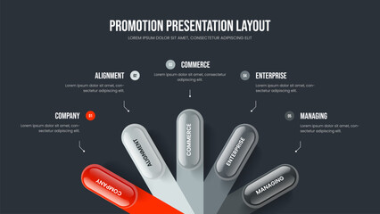 Obraz premium Marketing Insight 5 Element Diagram Slide Layout. Digital Performance Five Step Infographic Frame Template. Project Briefing Presentation Design Vector Illustration.
