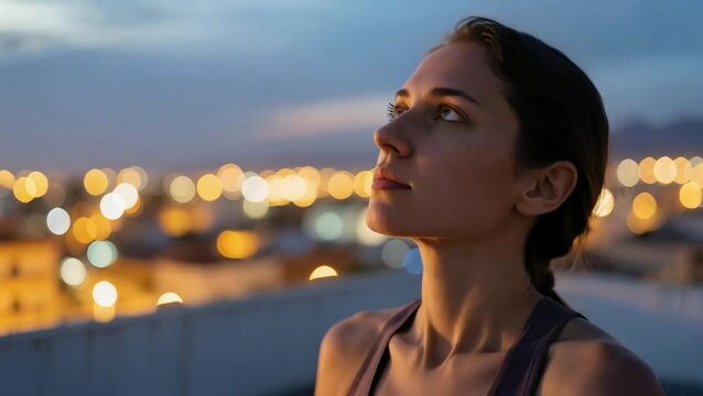 Mujer haciendo Yoga en la azotea con vista a la ciudad de noche