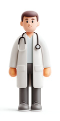 3D icon of a professional doctor with white coat and stethoscope, simple and minimal style, soft shadows, clean surface, vivid colors, realistic yet sharp proportions, in front of view, flaticon style