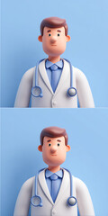 3D icon of a professional doctor with white coat and stethoscope, simple and minimal style, soft shadows, clean surface, vivid colors, realistic yet sharp proportions, in front of view, flaticon style