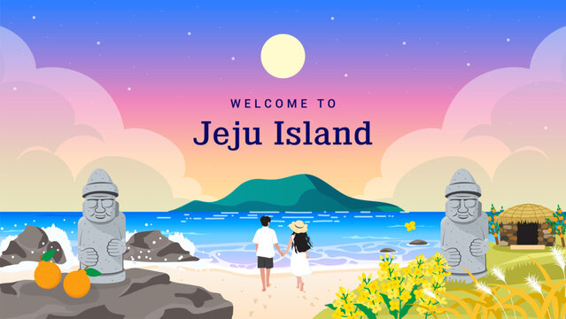 Welcome to Jeju Island vector illustration. Jeju beach landscape and beautiful twilight sky
