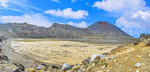 Volcanic crater with Mount Ngauruhoe view