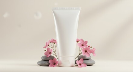 Elegant Cosmetic Tube Mockup with Pink Blossoms and Smooth Grey Stones Arrangement