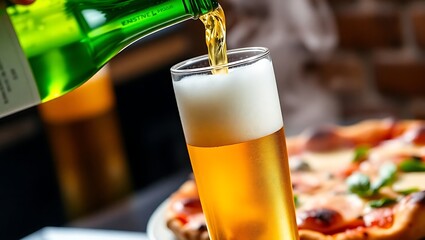 Pouring beer into a glass with pizza in the background creating a refreshing and tasty scene | national 