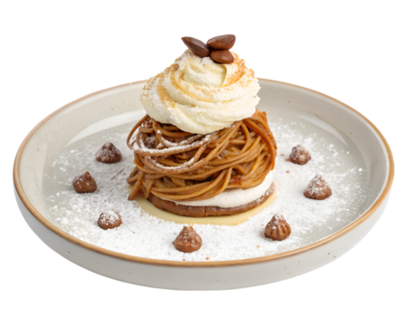 Mont Blanc dessert with chestnut purée noodles, whipped cream base, powdered sugar dust, artistic French patisserie style in ceramic plate isolated on a transparent background