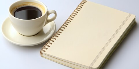 Cream Notebook and Coffee Cup on White Background Still Life Photography
