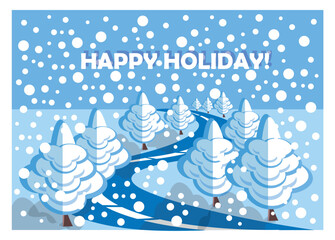 Happy Holiday banner stock vector illustration. Fir in white snow blue near road winter season postcard stock vector illustration