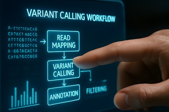 A finger interacts with a digital variant calling workflow chart on a genetic screen. Concept of genomics data analysis and scientific workflow. - Powered by Adobe