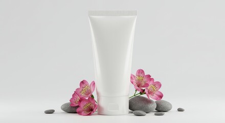 Elegant White Cosmetic Tube Display with Pink Flowers and Smooth Grey Stones