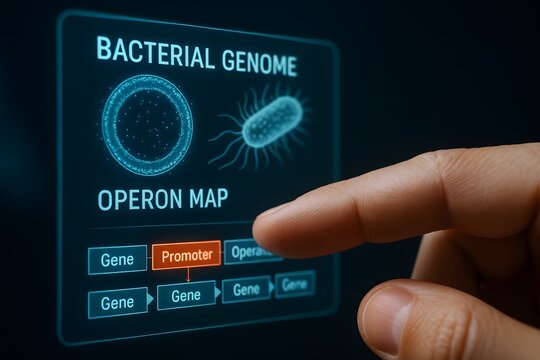 A finger touches a digital bacterial genome operon map highlighting the promoter region. Concept of microbiology and genetic regulation.