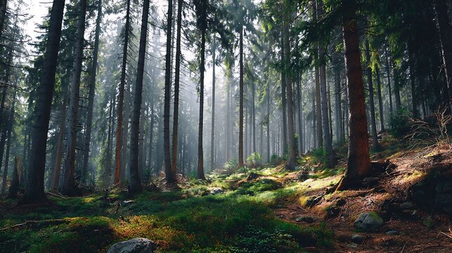 Misty Sunbeams Illuminate a Serene Forest Floor with Wildflowers and Mossy Rocks