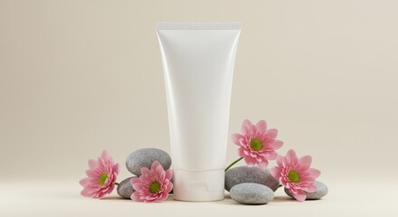 Elegant cosmetic tube mockup surrounded by pink flowers and smooth grey stones