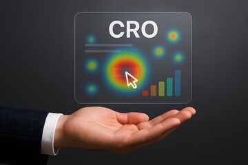 An open hand supports a digital heatmap labeled CRO with a pointer and performance bars. Concept of website optimization and user experience.