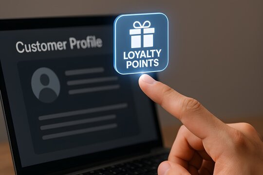 A finger presses a digital loyalty points button on a customer profile screen. Concept of reward program and customer engagement.