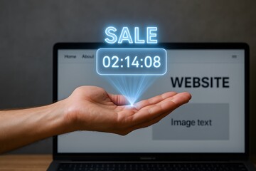 An outstretched hand holds a holographic sale countdown timer in front of a laptop screen. Concept of online shopping and digital promotion.