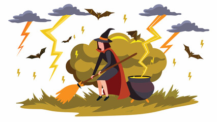 Illustration of a witch stirring a cauldron with bats and lightning during a stormy halloween night