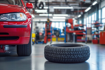 Winter tire lying on concrete floor near automotive workstation, positioned beside red vehicle undergoing maintenance service