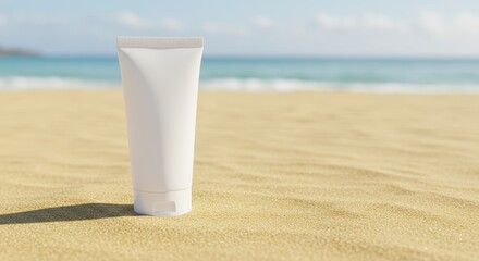 White Cosmetic Tube on Sandy Beach Showcasing Beauty and Summer Vacation Vibes