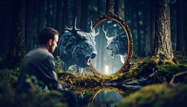 A man sits in a forest, observing a mystical mirror reflecting two monstrous figures