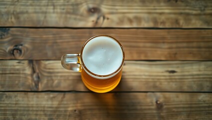 A top view of a beer mug filled with beer on a wooden surface with a clear handle and white foam top | national 