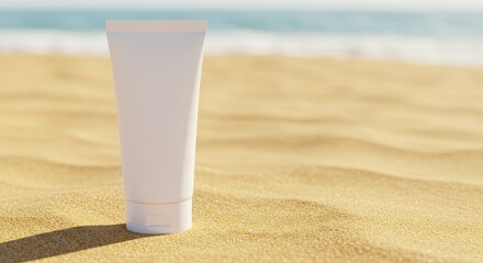 Sunscreen tube on beach embodying summer skin protection and travel essentials